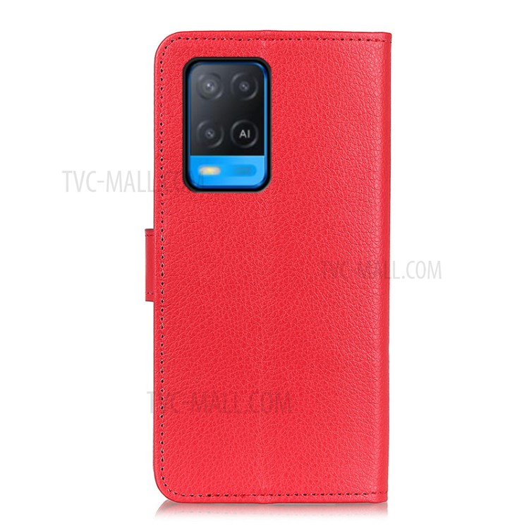 Folio Flip Litchi Skin Leather Case Stand Wallet Protective Shell for Oppo A54 4G - Red-3