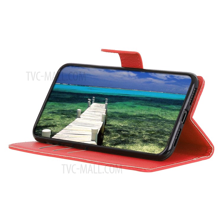 Folio Flip Litchi Skin Leather Case Stand Wallet Protective Shell for Oppo A54 4G - Red-4