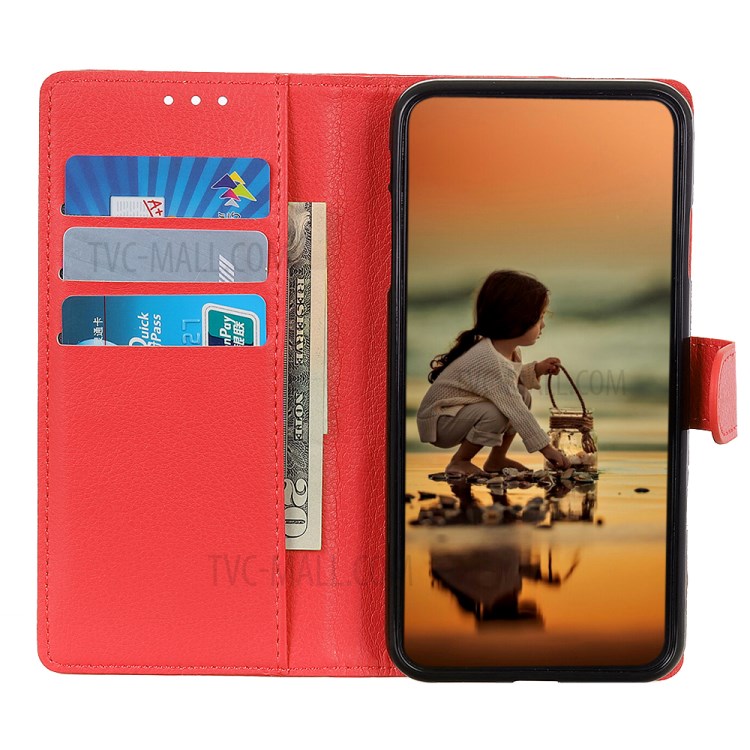 Folio Flip Litchi Skin Leather Case Stand Wallet Protective Shell for Oppo A54 4G - Red-5