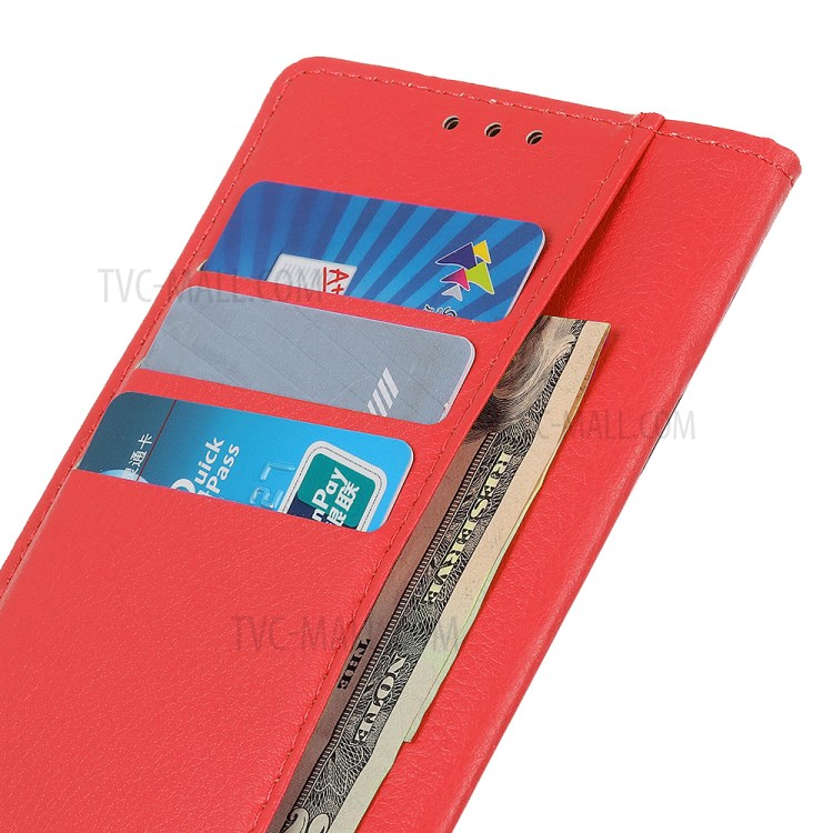 Folio Flip Litchi Skin Leather Case Stand Wallet Protective Shell for Oppo A54 4G - Red-6