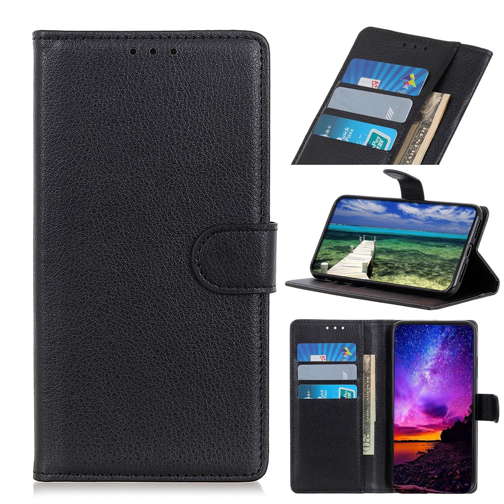 Litchi Skin Leather Full-Protection Phone Shell Case Cover with Wallet Stand for Oppo A93 5G / A54 5G / A74 5G - Black-11