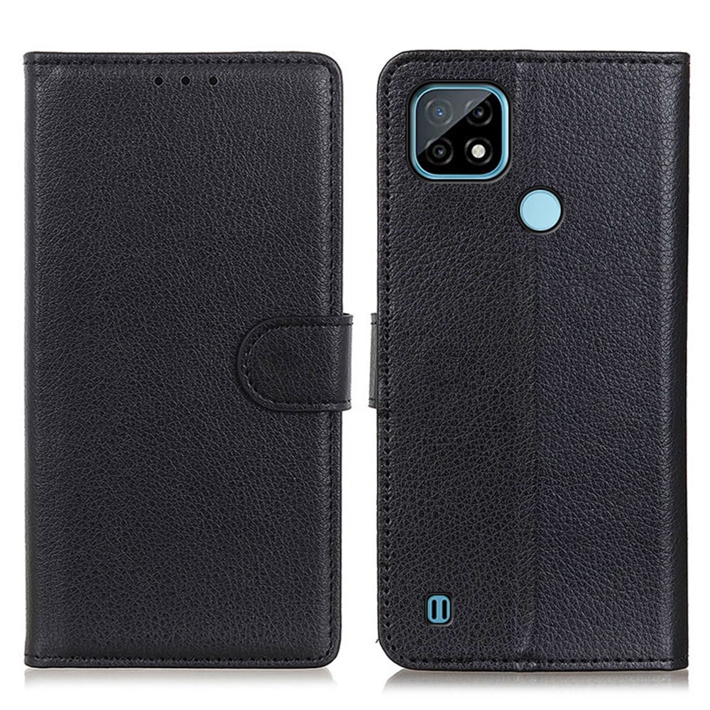 PU Leather Litchi Texture Phone Protective Wallet Stand Shell Case for Realme C21 - Black-1