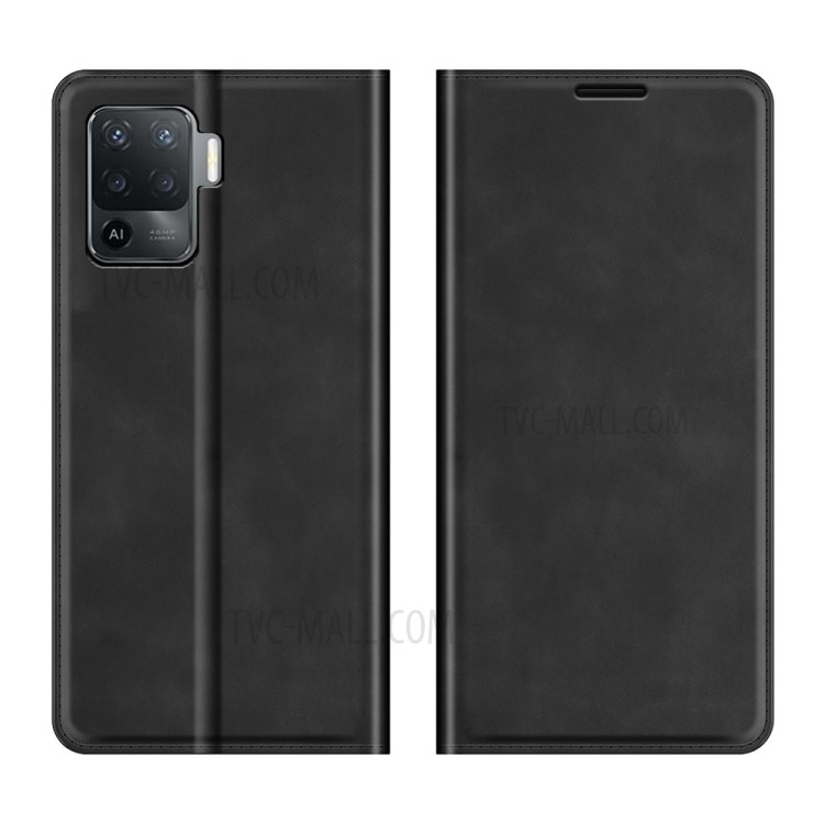 Skin-Touch Auto-absorbed Leather Cover with Wallet Stand for Oppo A94/F19 Pro - Black-1