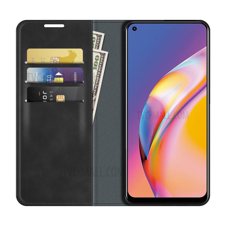 Skin-Touch Auto-absorbed Leather Cover with Wallet Stand for Oppo A94/F19 Pro - Black-6