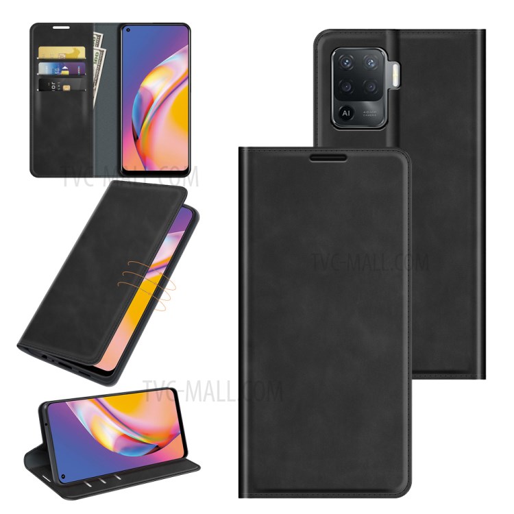 Skin-Touch Auto-absorbed Leather Cover with Wallet Stand for Oppo A94/F19 Pro - Black-7