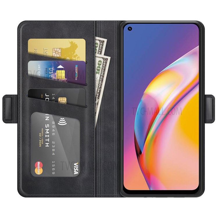 Magnetic Double Clasp Wallet Leather Mobile Phone Case for Oppo A94/F19 Pro Protection Cover with Stand - Black-6