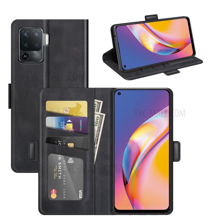 Magnetic Double Clasp Wallet Leather Mobile Phone Case for Oppo A94/F19 Pro Protection Cover with Stand - Black-7