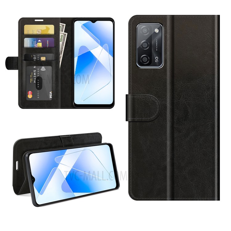 Crazy Horse PU Leather Wallet Case Mobile Phone Standing Cover for Oppo A55 5G - Black-6