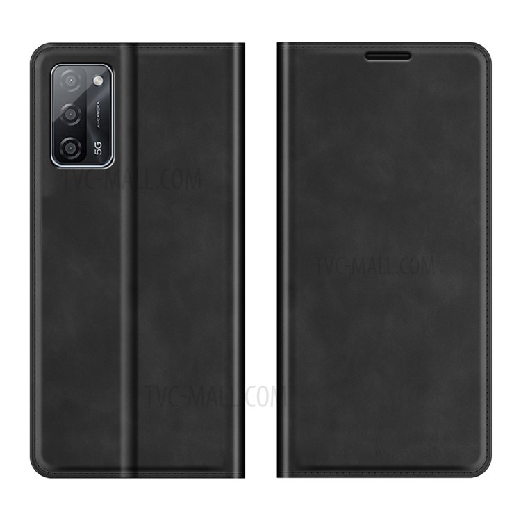 Wallet Stand Design Skin-Touch Leather Case Protective Shell for Oppo A55 5G - Black-1
