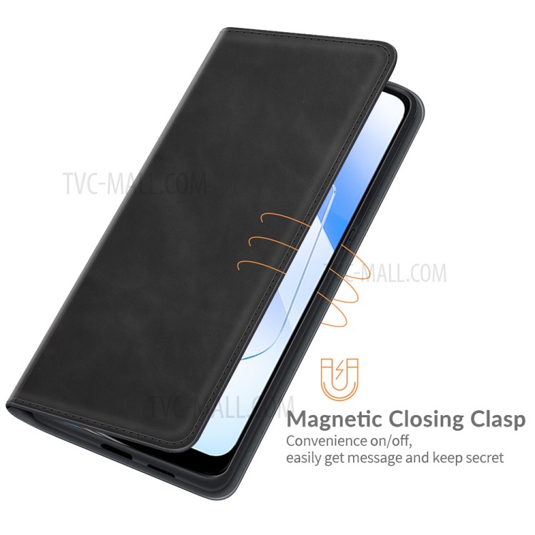 Wallet Stand Design Skin-Touch Leather Case Protective Shell for Oppo A55 5G - Black-3