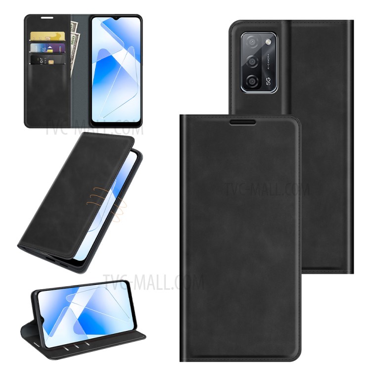 Wallet Stand Design Skin-Touch Leather Case Protective Shell for Oppo A55 5G - Black-6
