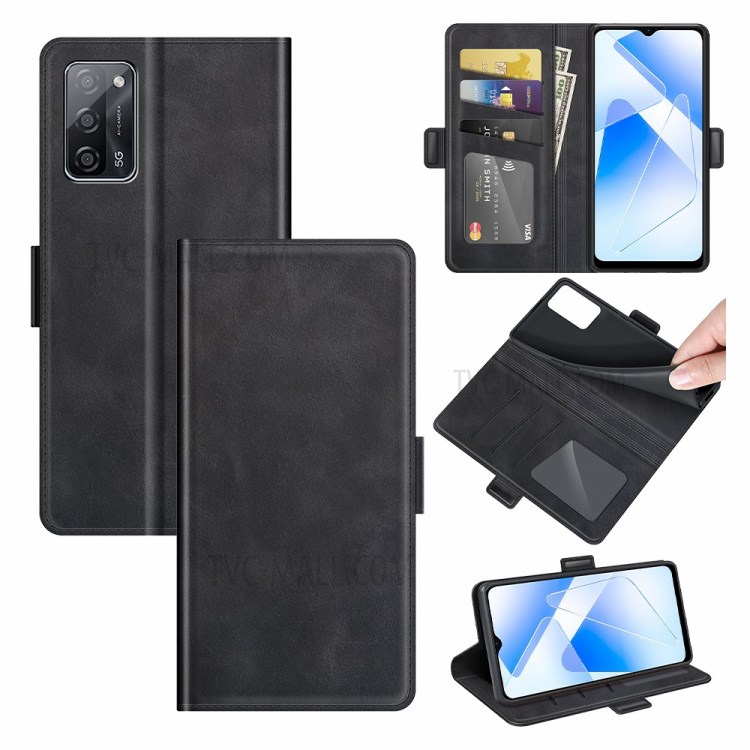 Magnetic Double Clasp PU Leather Wallet Stand Case Shell for Oppo A55 5G - Black-6