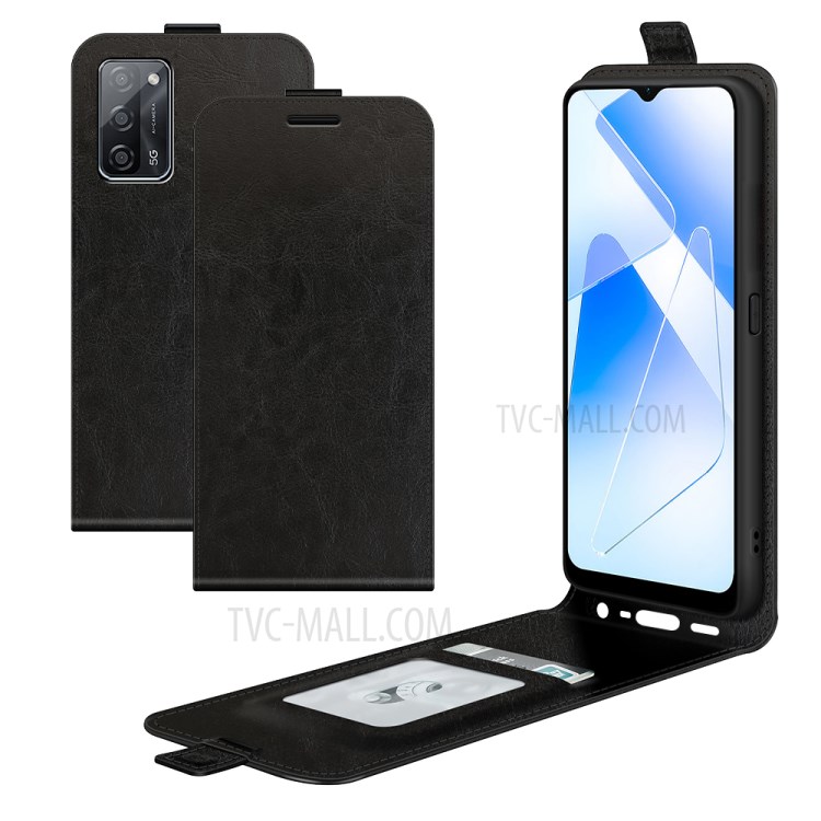 Vertical Flip Crazy Horse Texture Leather Phone Case with Card Holder for Oppo A55 5G - Black-1
