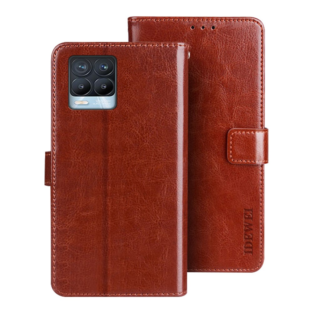 IDEWEI Folio Flip Crazy Horse Texture Leather Casing with Wallet Stand for Realme 8 Pro / Realme 8 - Brown-1