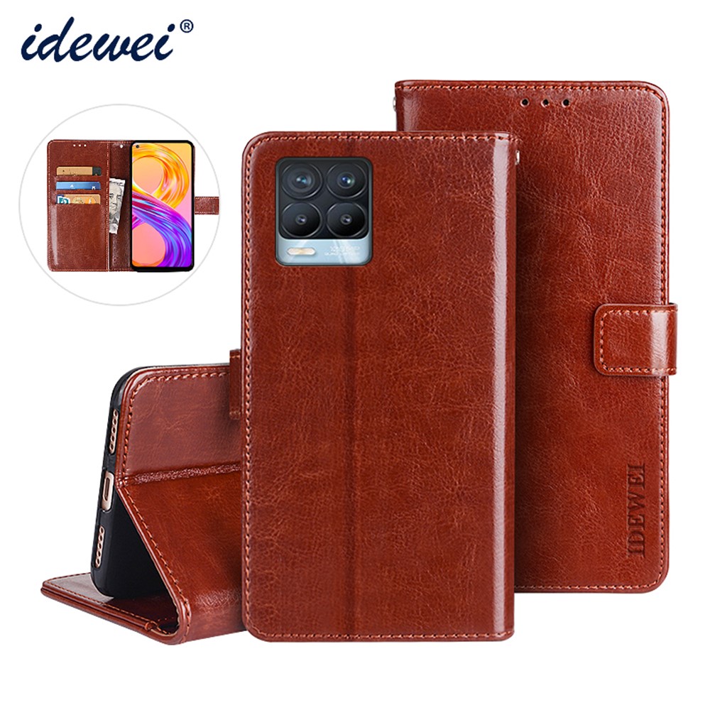 IDEWEI Folio Flip Crazy Horse Texture Leather Casing with Wallet Stand for Realme 8 Pro / Realme 8 - Brown-11