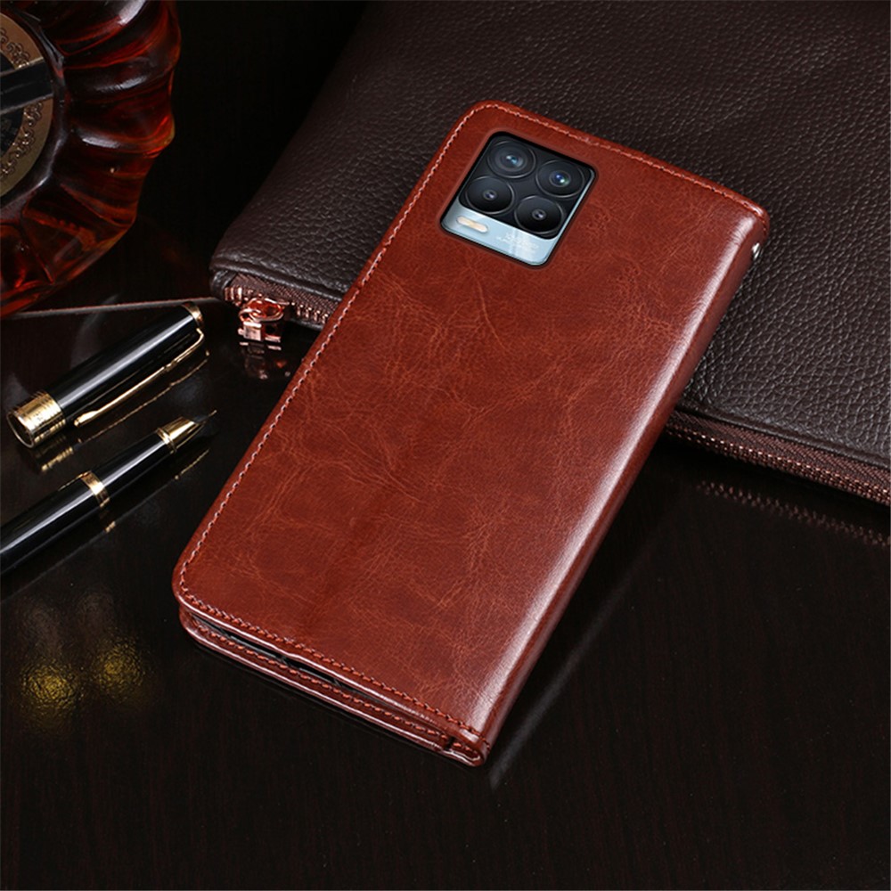 IDEWEI Folio Flip Crazy Horse Texture Leather Casing with Wallet Stand for Realme 8 Pro / Realme 8 - Brown-5