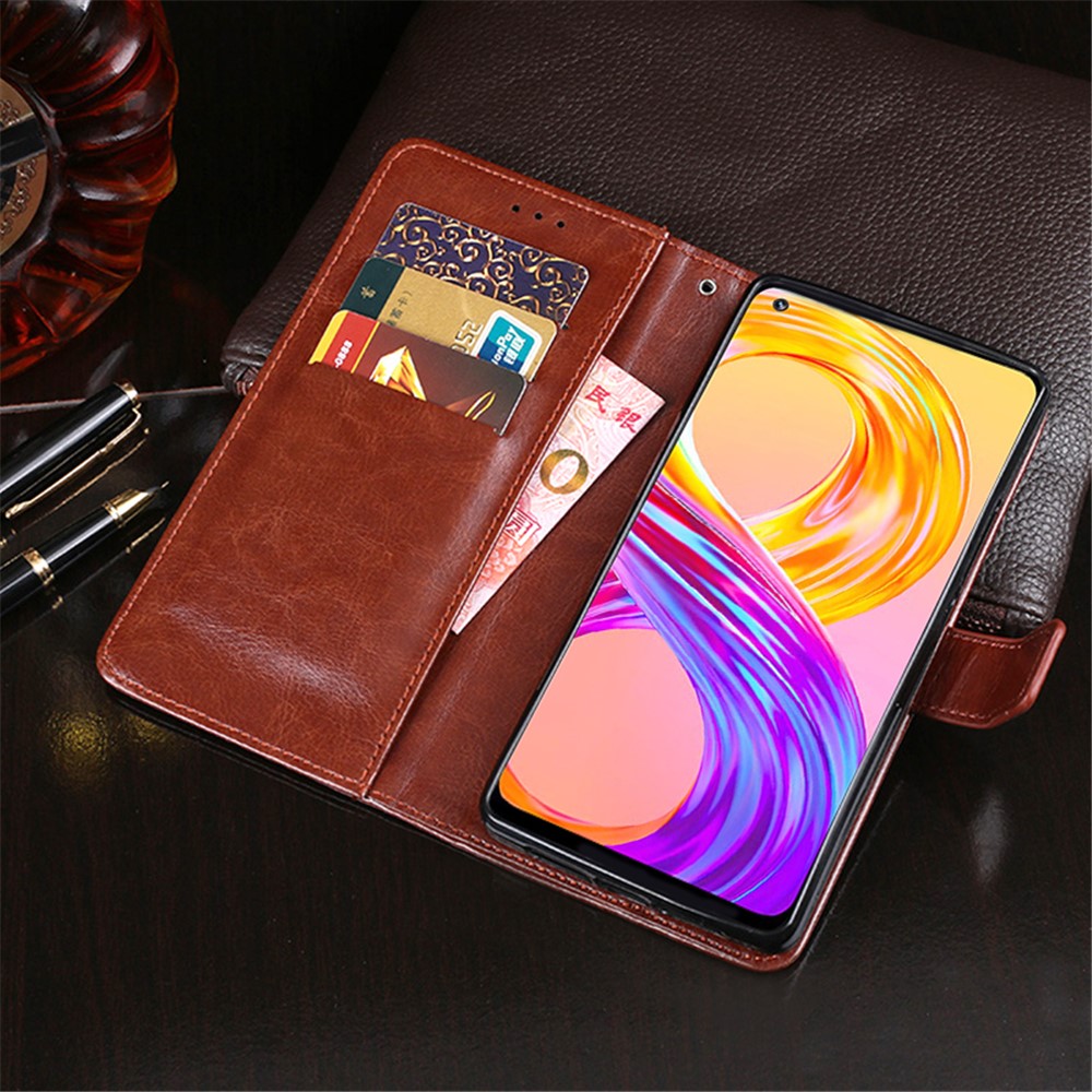 IDEWEI Folio Flip Crazy Horse Texture Leather Casing with Wallet Stand for Realme 8 Pro / Realme 8 - Brown-8