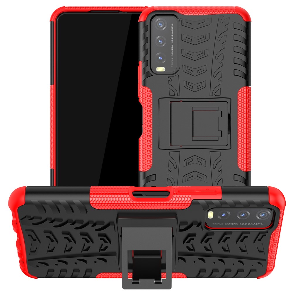 Kickstand Design 2-in-1 Tyre Pattern PC + TPU Combo Back Case for vivo Y20 / vivo Y20s / vivo Y11s / vivo Y12s - Red-1