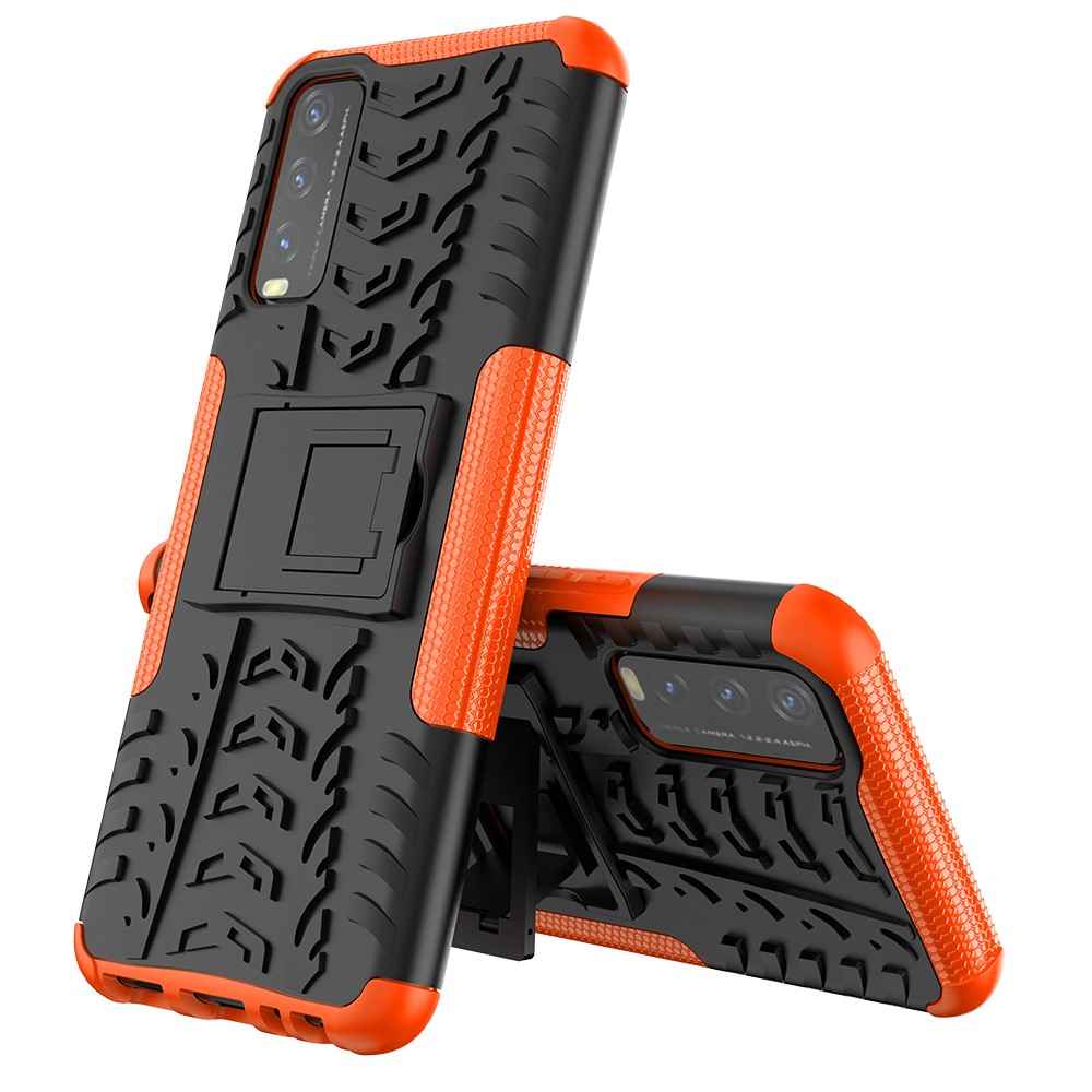 Kickstand Design 2-in-1 Tyre Pattern PC + TPU Combo Back Case for vivo Y20 / vivo Y20s / vivo Y11s / vivo Y12s - Orange-3