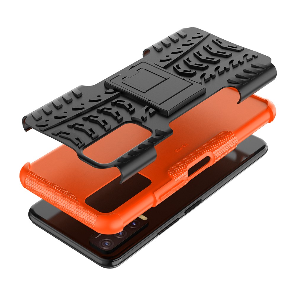 Kickstand Design 2-in-1 Tyre Pattern PC + TPU Combo Back Case for vivo Y20 / vivo Y20s / vivo Y11s / vivo Y12s - Orange-9