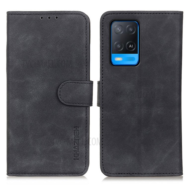 KHAZNEH Folio Flip Leather Wallet Retro Style Mobile Phone Cover Case for Oppo A54 5G - Black-1