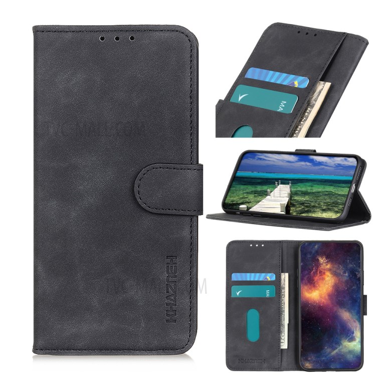 KHAZNEH Folio Flip Leather Wallet Retro Style Mobile Phone Cover Case for Oppo A54 5G - Black-8