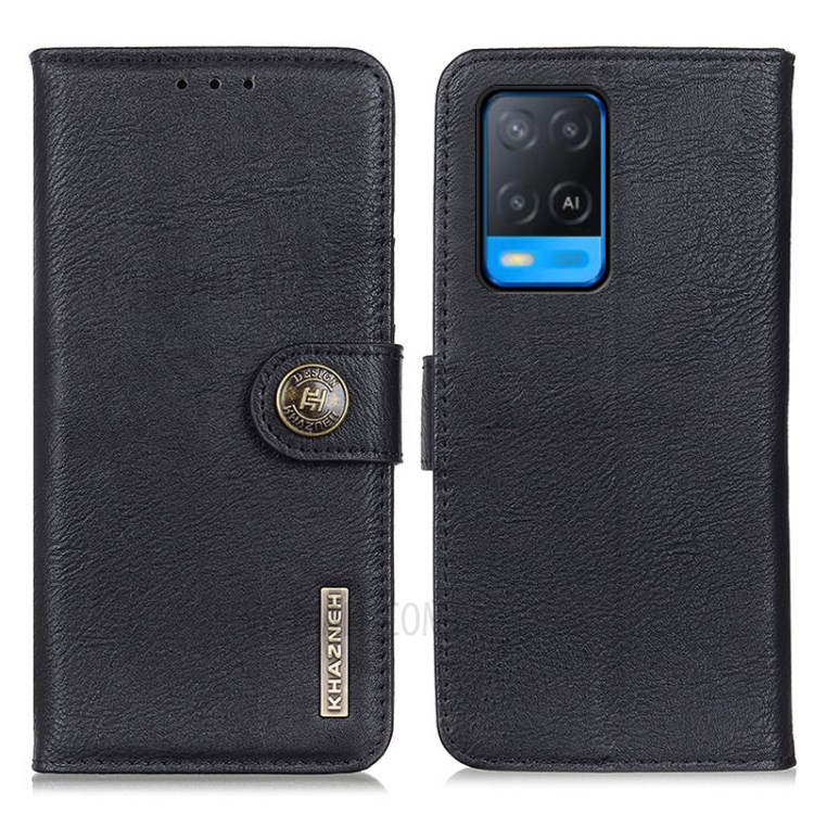 KHAZNEH Retro Leather Protector Case Wallet Stand Cover for Oppo A54 4G - Black-1