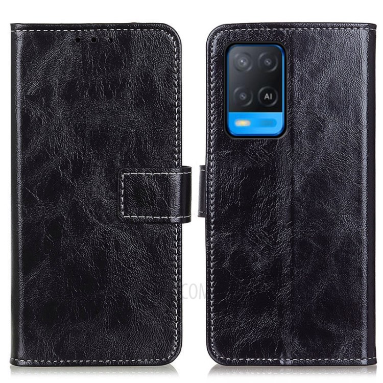 Retro Style Crazy Horse Texture Leather Wallet Stand Phone Case for Oppo A54 4G - Black-1