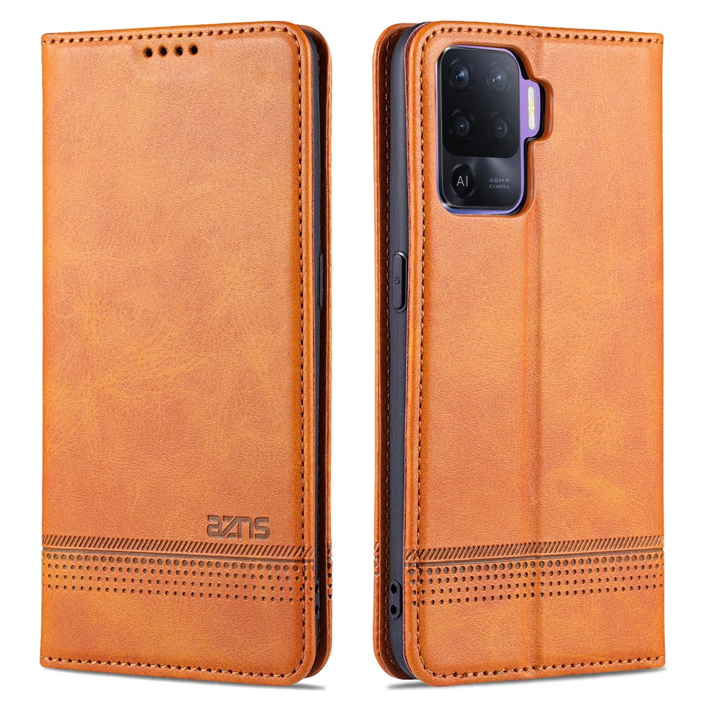 AZNS Auto-absorbed Magnetic Stand Wallet Design Leather Phone Cover Case for Oppo A94/F19 Pro/Reno5 Lite - Brown-1