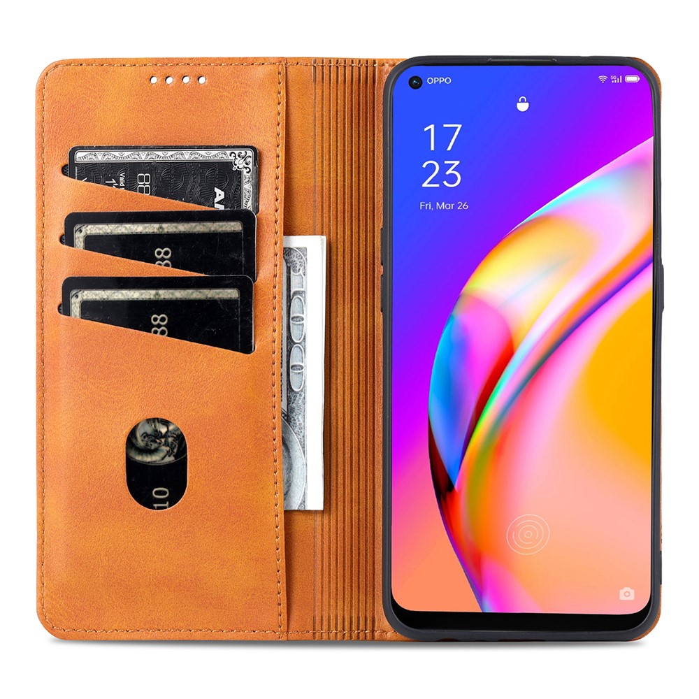 AZNS Auto-absorbed Magnetic Stand Wallet Design Leather Phone Cover Case for Oppo A94/F19 Pro/Reno5 Lite - Brown-6