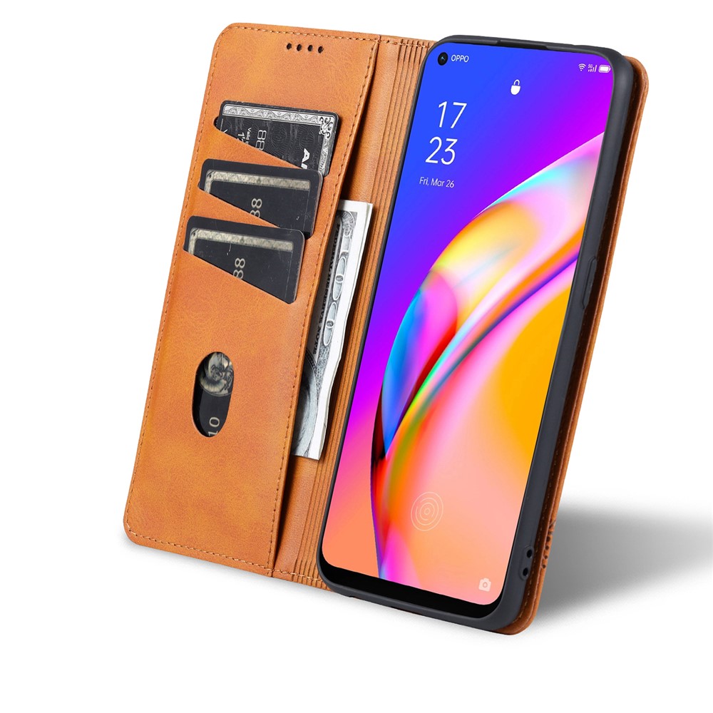 AZNS Auto-absorbed Magnetic Stand Wallet Design Leather Phone Cover Case for Oppo A94/F19 Pro/Reno5 Lite - Brown-7