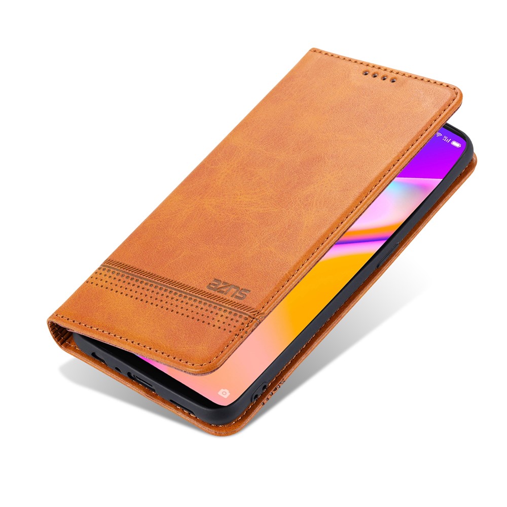 AZNS Auto-absorbed Magnetic Stand Wallet Design Leather Phone Cover Case for Oppo A94/F19 Pro/Reno5 Lite - Brown-9