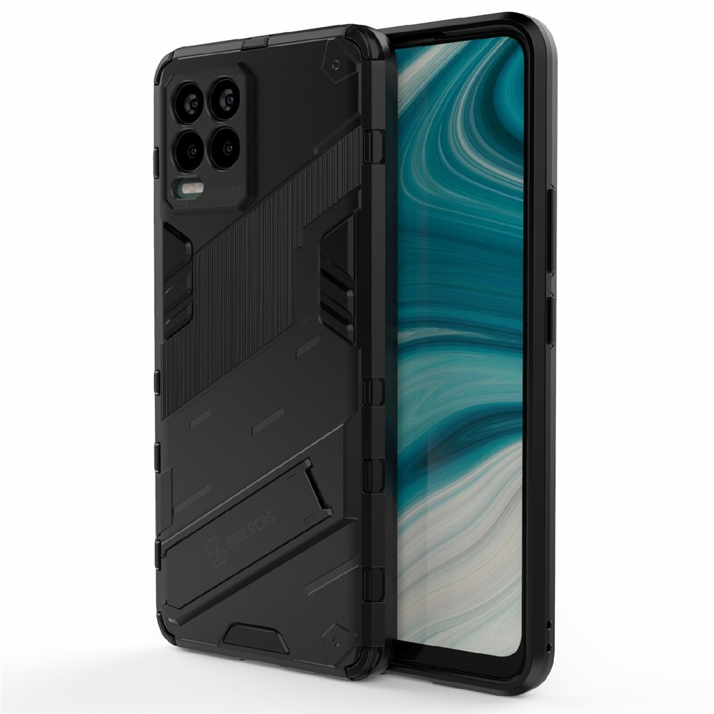Foldable Kickstand PC + TPU Shockproof Hybrid Phone Back Case Cover for Realme 8 - Black-1