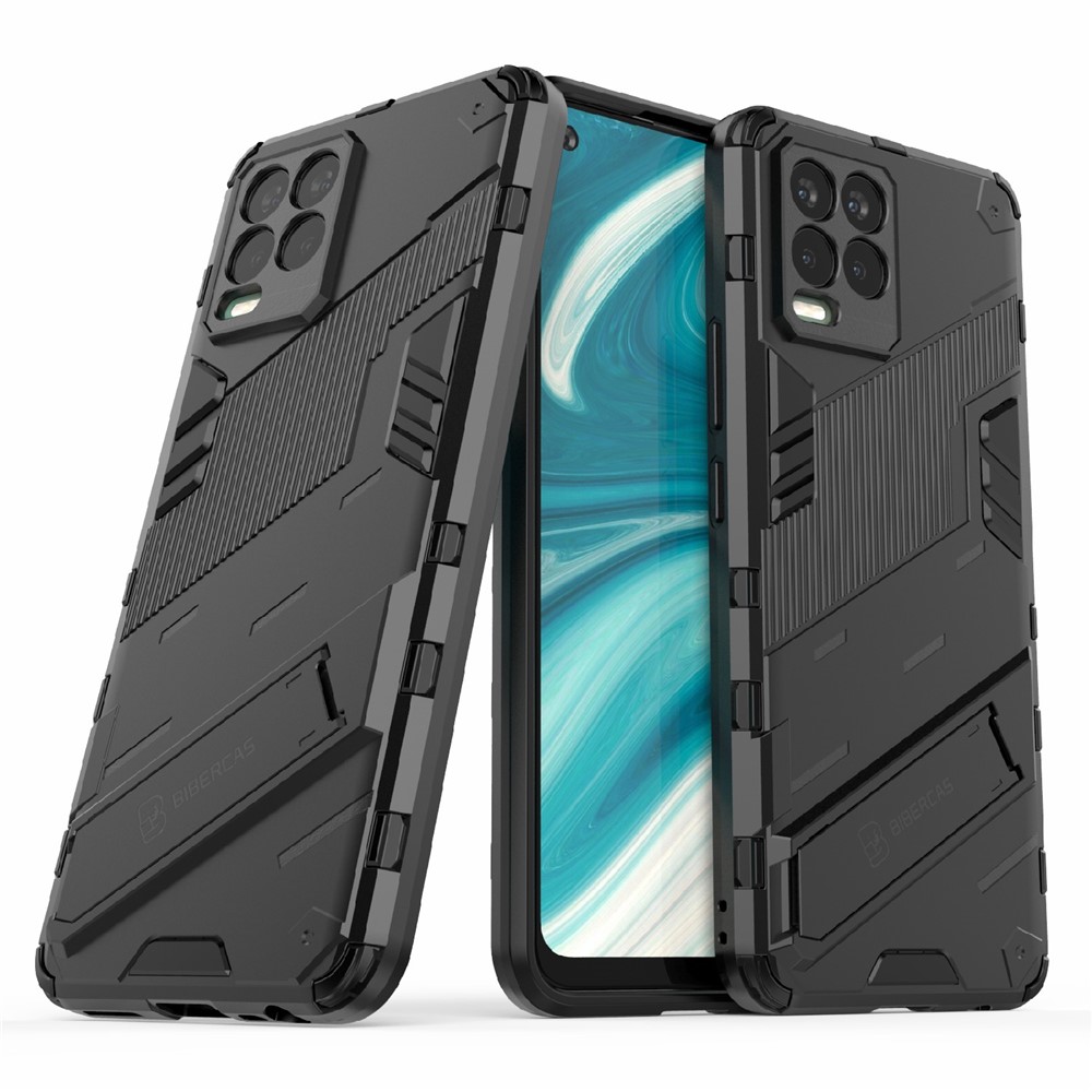 Foldable Kickstand PC + TPU Shockproof Hybrid Phone Back Case Cover for Realme 8 - Black-2