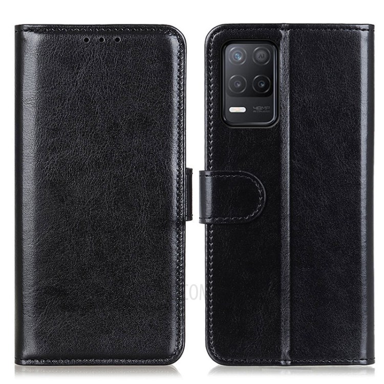 Crazy Horse Texture Leather Wallet Stand Cellphone Shell Case for Realme V13 5G/8 5G - Black-1