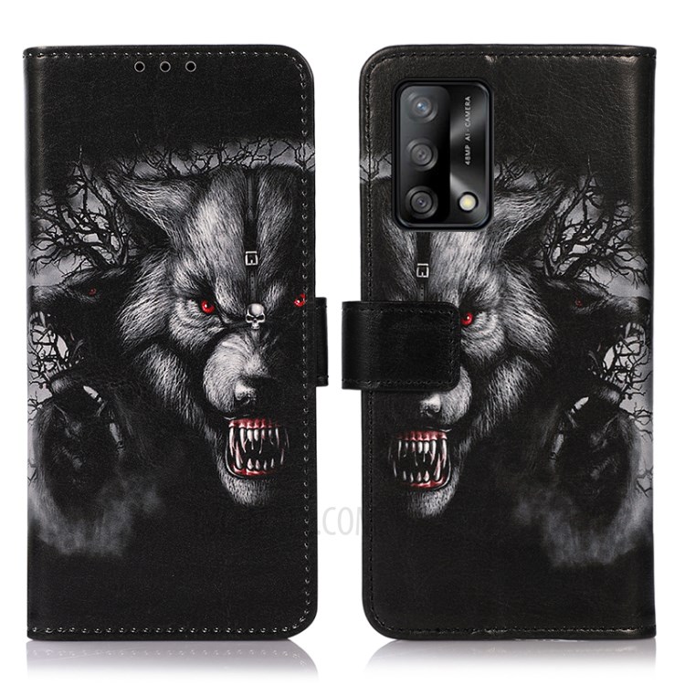 For Oppo F19/Oppo A74 4G Pattern Printing Leather Case Phone Cover Wallet Stand - Scary Wolf-1