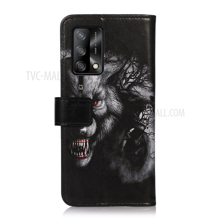 For Oppo F19/Oppo A74 4G Pattern Printing Leather Case Phone Cover Wallet Stand - Scary Wolf-3