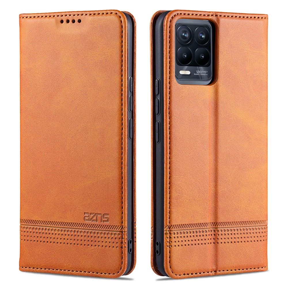 AZNS Auto-absorbed Magnetic Stand Wallet Case Leather Phone Shell for Realme 8/8 Pro - Brown-1
