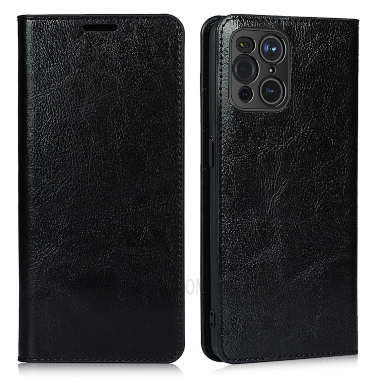 Crazy Horse Skin Genuine Leather Wallet Phone Case for Oppo Find X3 - Black-1