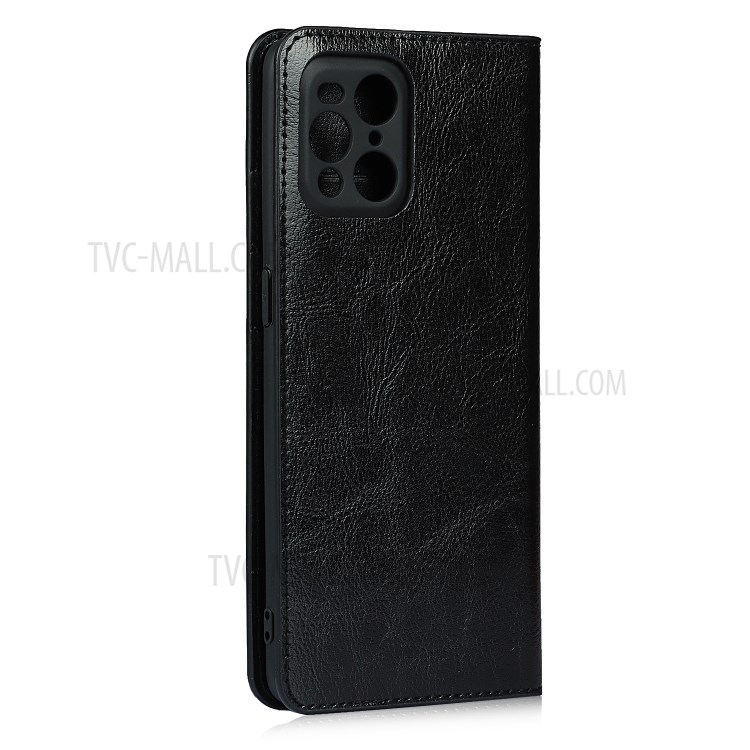 Crazy Horse Skin Genuine Leather Wallet Phone Case for Oppo Find X3 - Black-3