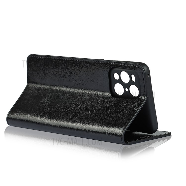 Crazy Horse Skin Genuine Leather Wallet Phone Case for Oppo Find X3 - Black-4