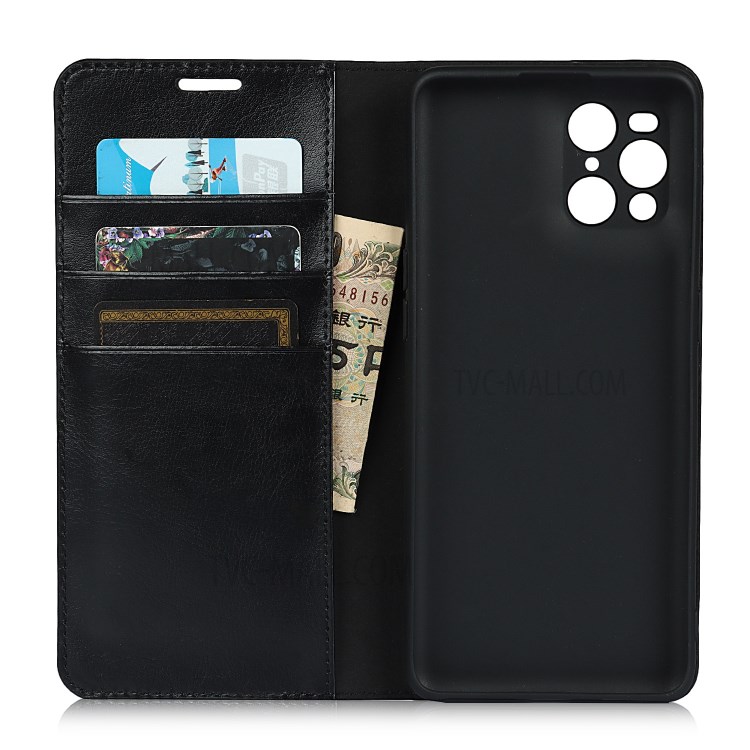 Crazy Horse Skin Genuine Leather Wallet Phone Case for Oppo Find X3 - Black-5