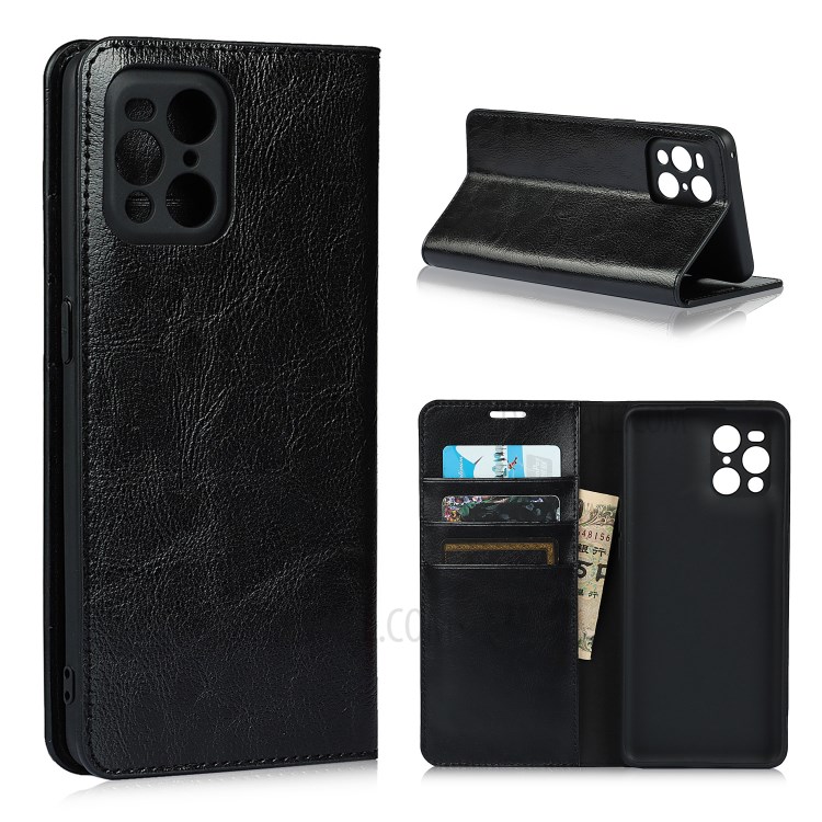 Crazy Horse Skin Genuine Leather Wallet Phone Case for Oppo Find X3 - Black-8
