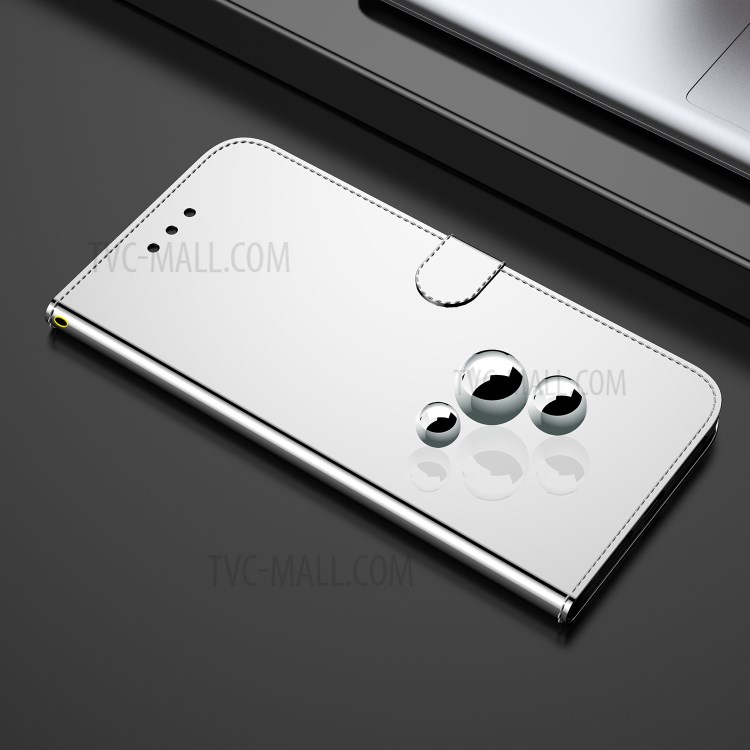 Mirror-like Surface Wallet Stand Leather Case for Oppo A94 / Oppo F19 Pro / Oppo Reno5 F - Silver-2