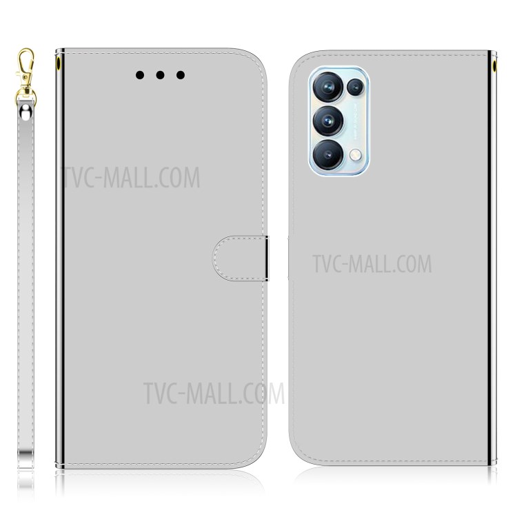 Wallet Design Mirror-like Surface Stand Leather Case for Oppo Reno5 Pro 5G - Silver-1
