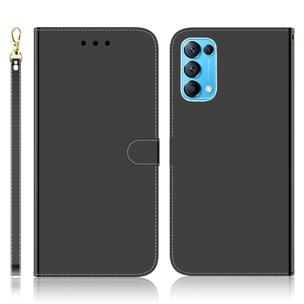 Mirror-like Surface Wallet Stand Leather Cover Case for Oppo Reno5 4G / Oppo Reno5 K / Oppo Find X3 Lite / Oppo Reno5 5G - Black-1
