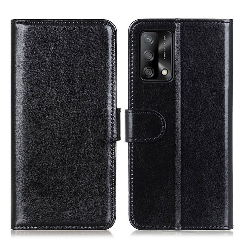 Crazy Horse Texture Leather Wallet Stand Cellphone Shell Case for Oppo F19/A74 4G - Black-1