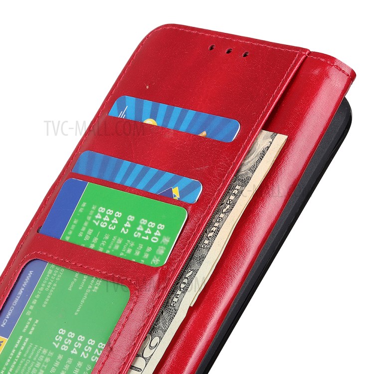 Crazy Horse Texture Leather Wallet Stand Cellphone Shell Case for Oppo F19/A74 4G - Red-7