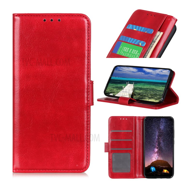 Crazy Horse Texture Leather Wallet Stand Cellphone Shell Case for Oppo F19/A74 4G - Red-8
