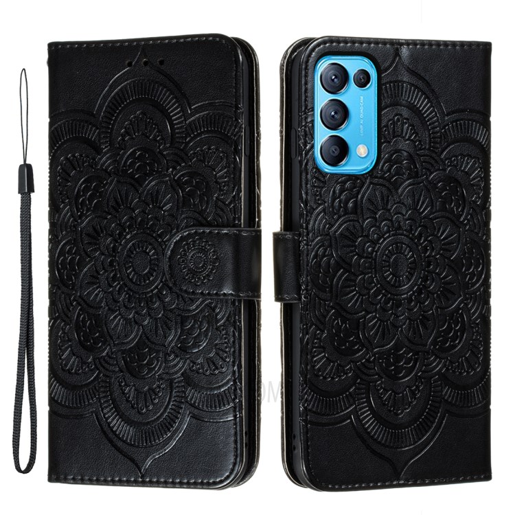 Imprint Mandala Flower Stand Leather Case for Oppo Find X3 Lite / Reno5 5G / Reno5 4G / Reno5 K - Black-1